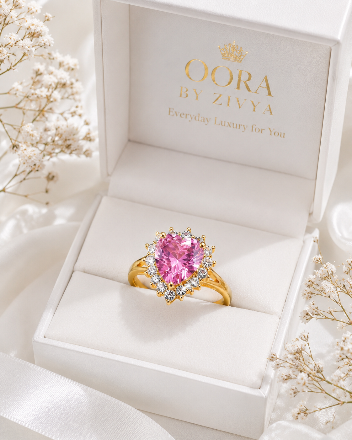18K Gold Plated Pink Heart Halo Ring for Women | Heart Cut CZ Diamond Ring | Stainless Steel Anti Tarnish Adjustable Ring | Waterproof Luxury Jewelry