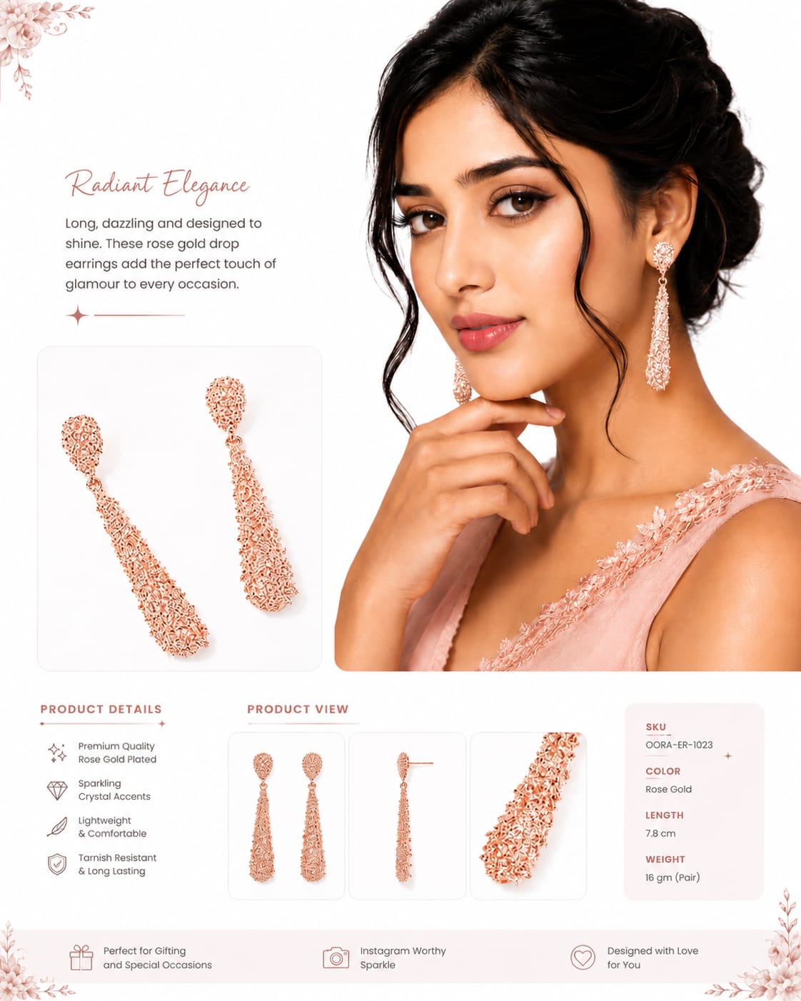 Radiant Elegance Rose Gold Long Drop Earrings (Copy)