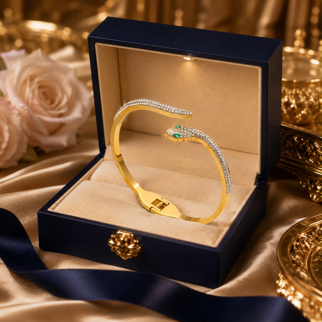 Zivya Serpentina Luxe Gold-Plated Kada for Women | Premium Crystal Studded Snake Design Bracelet | Adjustable Elegant Party & Wedding Jewellry Gift