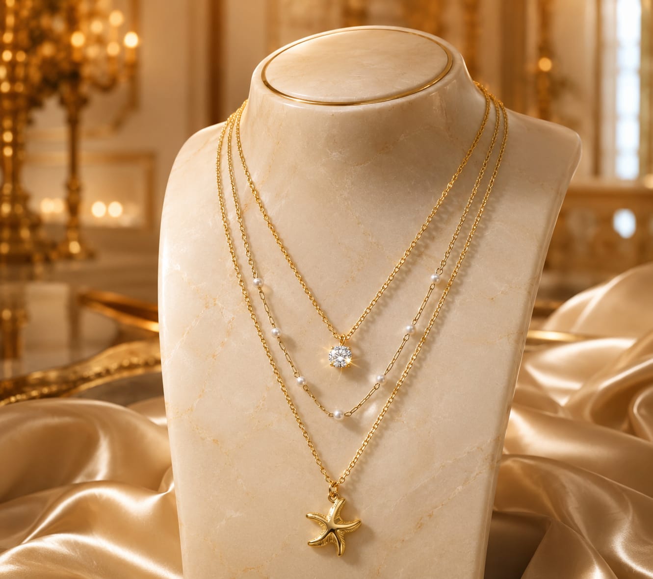 A gold-tone layered necklace set displayed on a cream-colored jewelry bust. The set includes a delicate chain with a small clear crystal pendant, a textured chain with tiny pearl-like beads, and a longer chain featuring a gold starfish pendant.