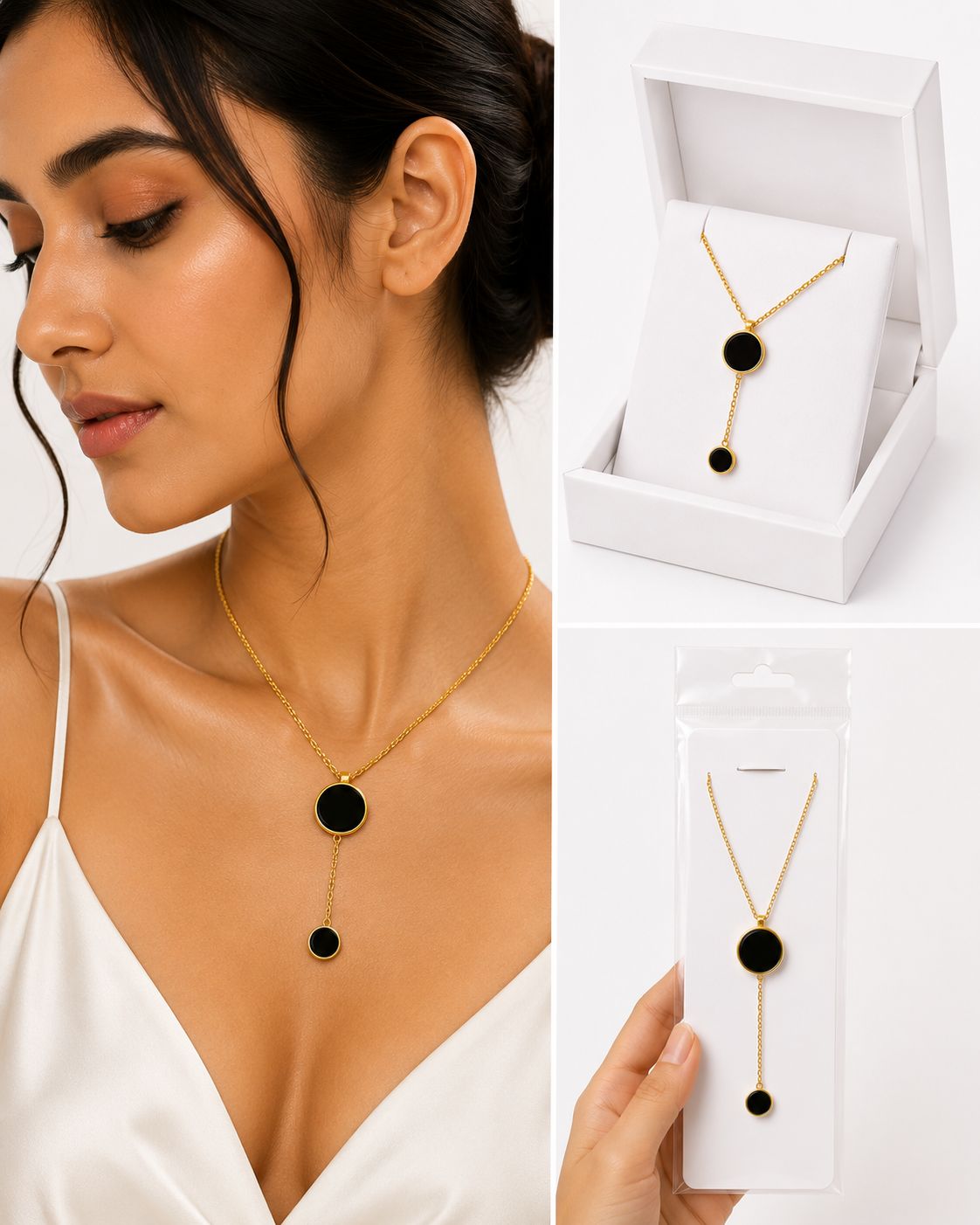 Black Double Circle Drop Pendant Necklace for Women in Gold Stainless Steel Anti Tarnish Waterproof Jewellery