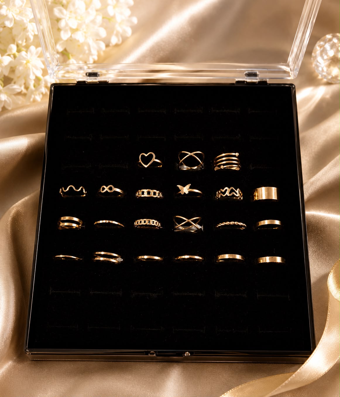 Oora by Zivya Trendy Fashion 21 Rings Combo for Women & Girls | Gold-Plated Adjustable Stackable Ring Set | Stylish Korean Minimal Jewelry for Daily Wear, Party & Gifting