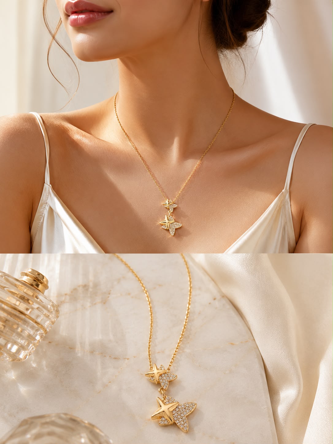 18k Gold plated Butterfly & Star Gold Pendant Necklace for Women | Premium Stainless Steel | Anti Tarnish | CZ Diamond | Minimal Luxury Necklace