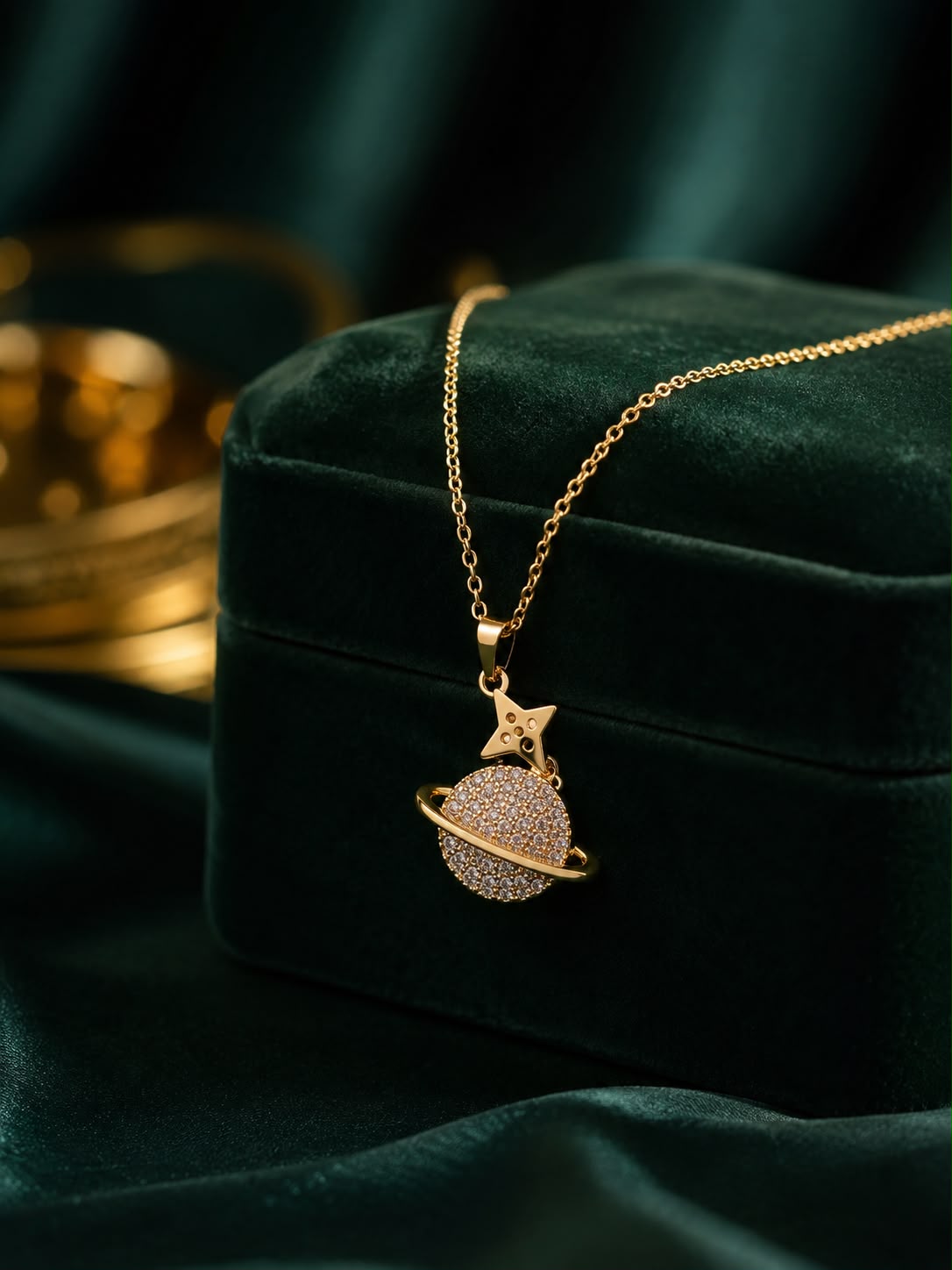 18k Gold plated Galaxy Planet Pendant Necklace for Women | Gold Plated CZ Crystal Saturn Pendant | Anti-Tarnish Stainless Steel Chain | Celestial Space Jewellery