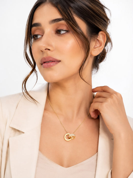 18k Gold plated Elegant Interlocking Circle Pendant Necklace for Women | Gold Plated Crystal Ring Pendant | Anti-Tarnish Stainless Steel Chain | Minimal Everyday Jewellery