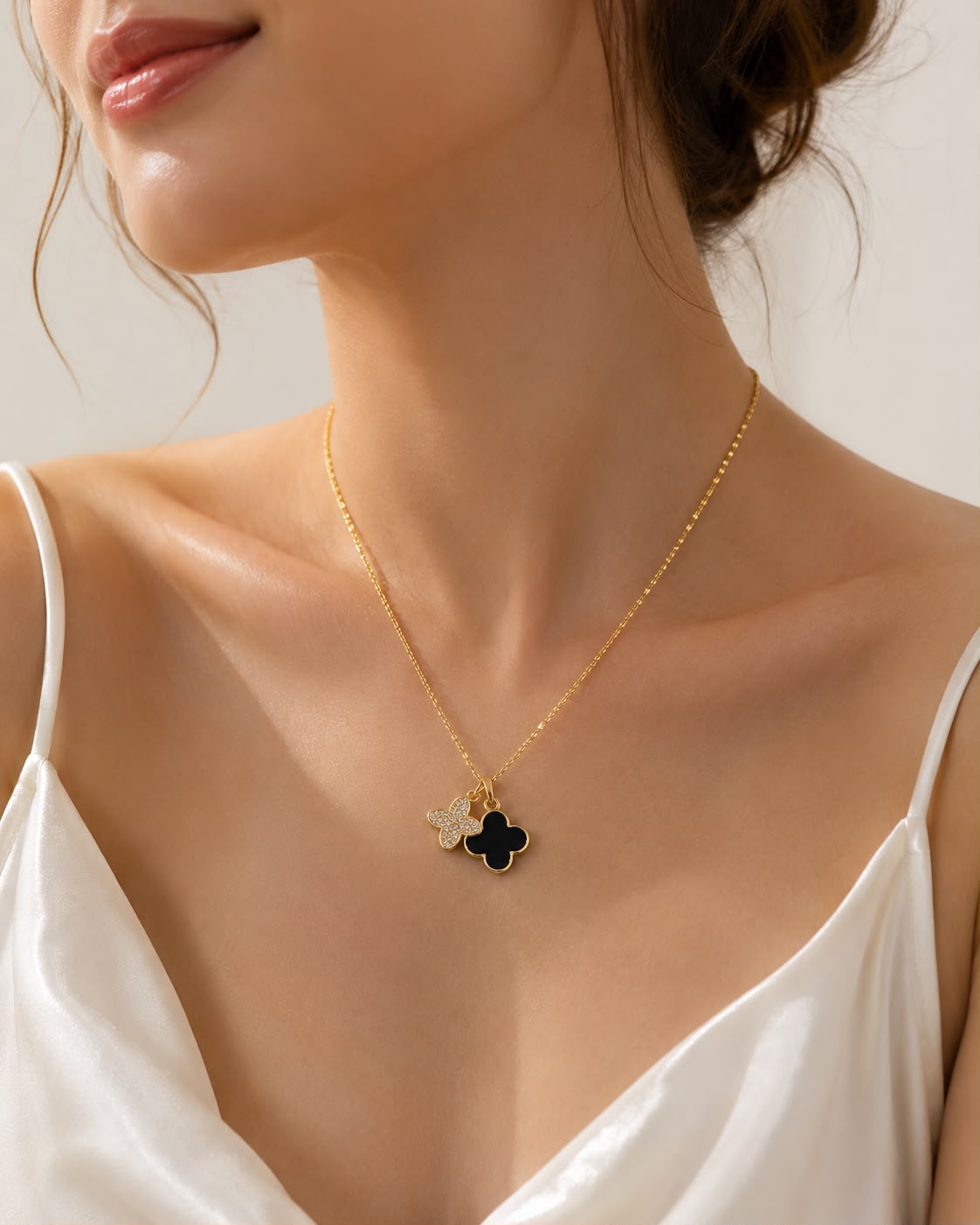 18k Gold plated Black Clover Pendant Necklace for Women | Gold Plated Dual Clover CZ Crystal Necklace | Anti-Tarnish Stainless Steel | Lucky Charm Minimal Jewellery
