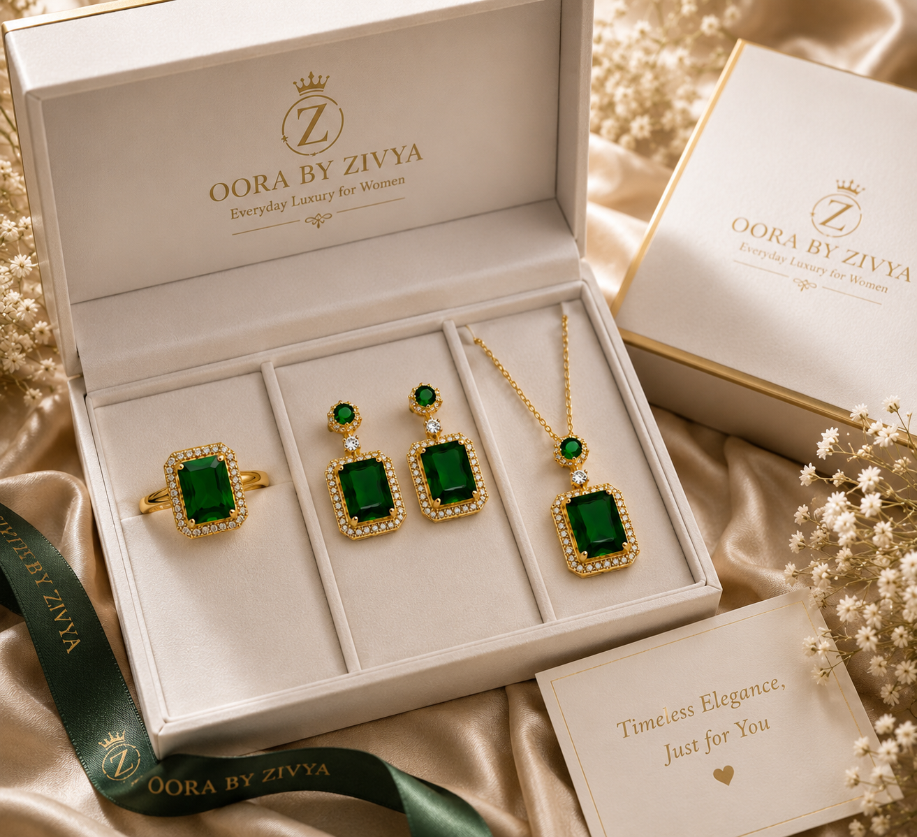 Emerald Green Jewellery Set for Women | Gold Plated CZ Diamond Necklace Earrings Ring Set | Anti Tarnish Luxury Gift Set | Oora by Zivya