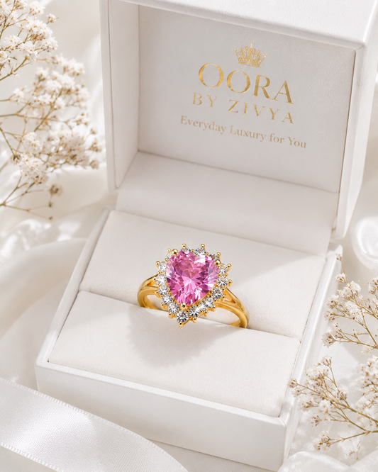 18K Gold Plated Pink Heart Halo Ring for Women | Heart Cut CZ Diamond Ring | Stainless Steel Anti Tarnish Adjustable Ring | Waterproof Luxury Jewelry