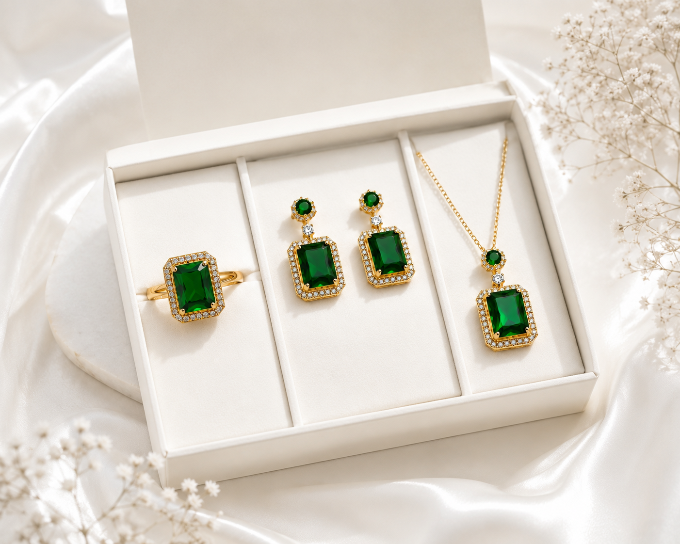 Emerald Green Jewellery Set for Women | Gold Plated CZ Diamond Necklace Earrings Ring Set | Anti Tarnish Luxury Gift Set | Oora by Zivya