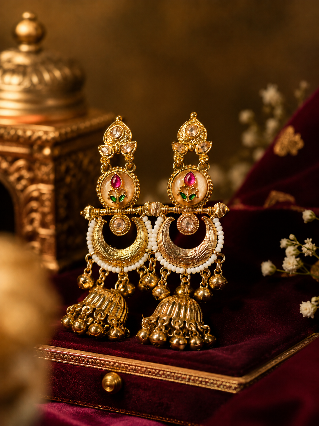 Kashmiri Tulip Jhumka Earrings for Women | Traditional Gold Plated Pearl Drop Earrings | Ethnic Party Wear Earrings (Copy)