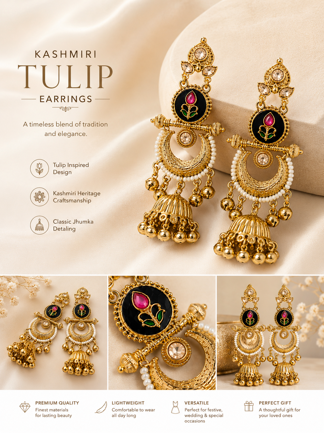 Kashmiri Tulip Jhumka Earrings for Women | Traditional Gold Plated Pearl Drop Earrings | Ethnic Party Wear Earrings