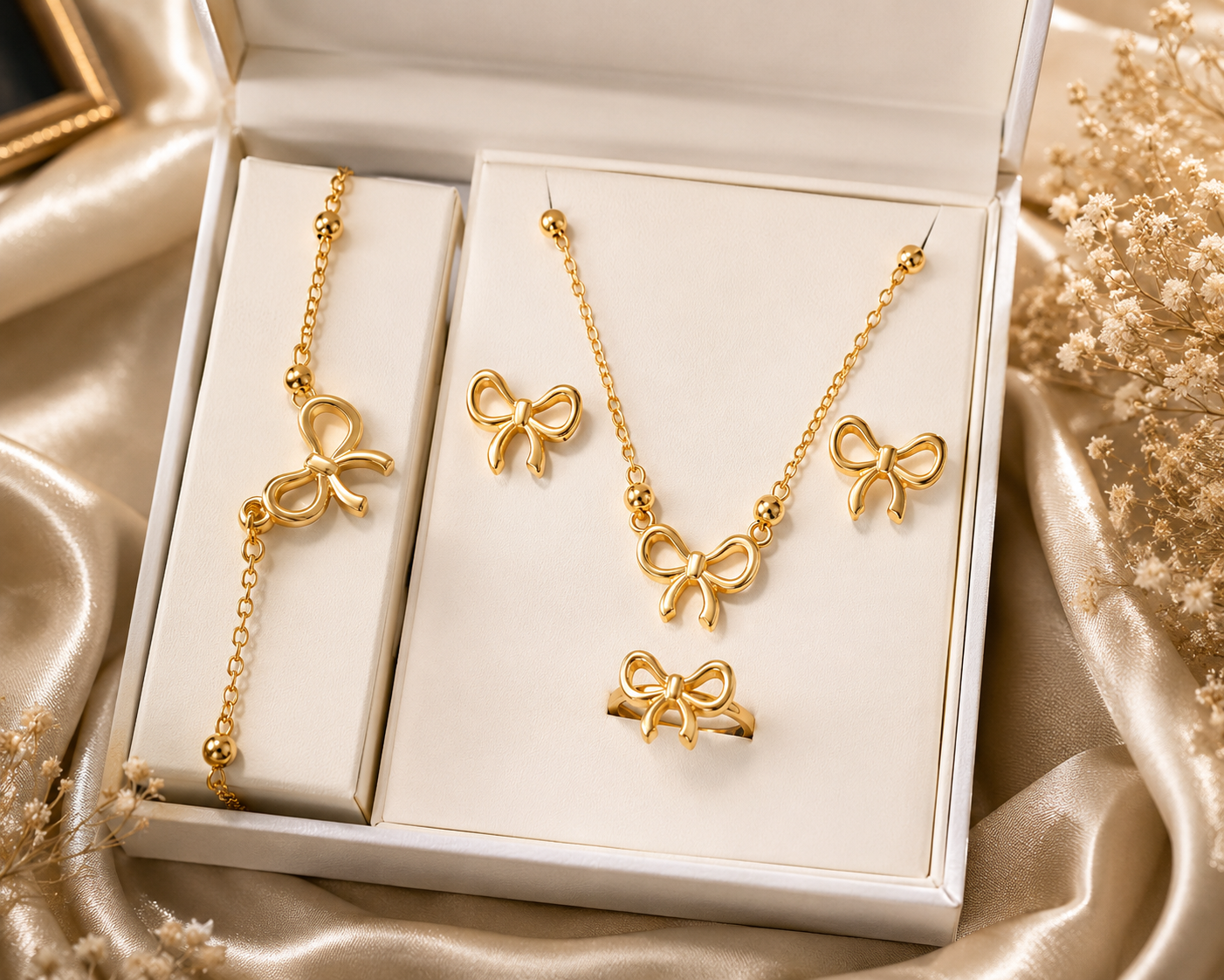A gold jewelry set with matching necklace, bracelet, and earrings, each featuring a bow-shaped charm, presented in an open white gift box on a satin fabric background.