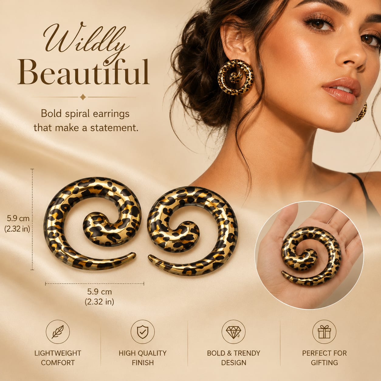 Wildly Beautiful Leopard Spiral Earrings for Women | Trendy Statement Acrylic Earrings | Lightweight Fashion Earrings