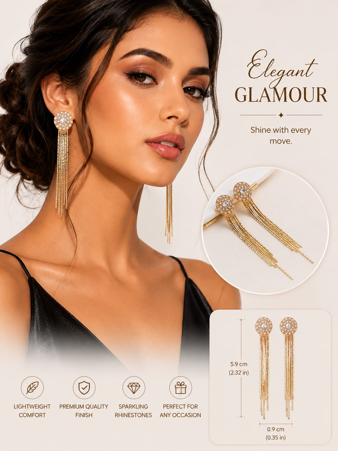 Elegant Glamour Rhinestone Tassel Earrings for Women | Gold Plated Long Chain Drop Earrings | Party Wear Statement Earrings