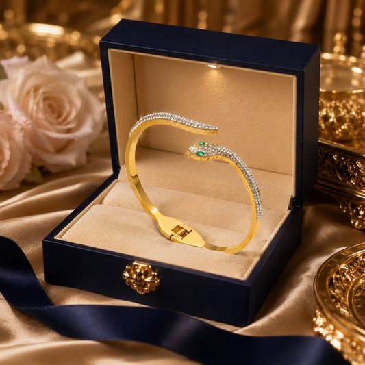 Zivya Serpentina Luxe Gold-Plated Kada for Women | Premium Crystal Studded Snake Design Bracelet | Adjustable Elegant Party & Wedding Jewellry Gift