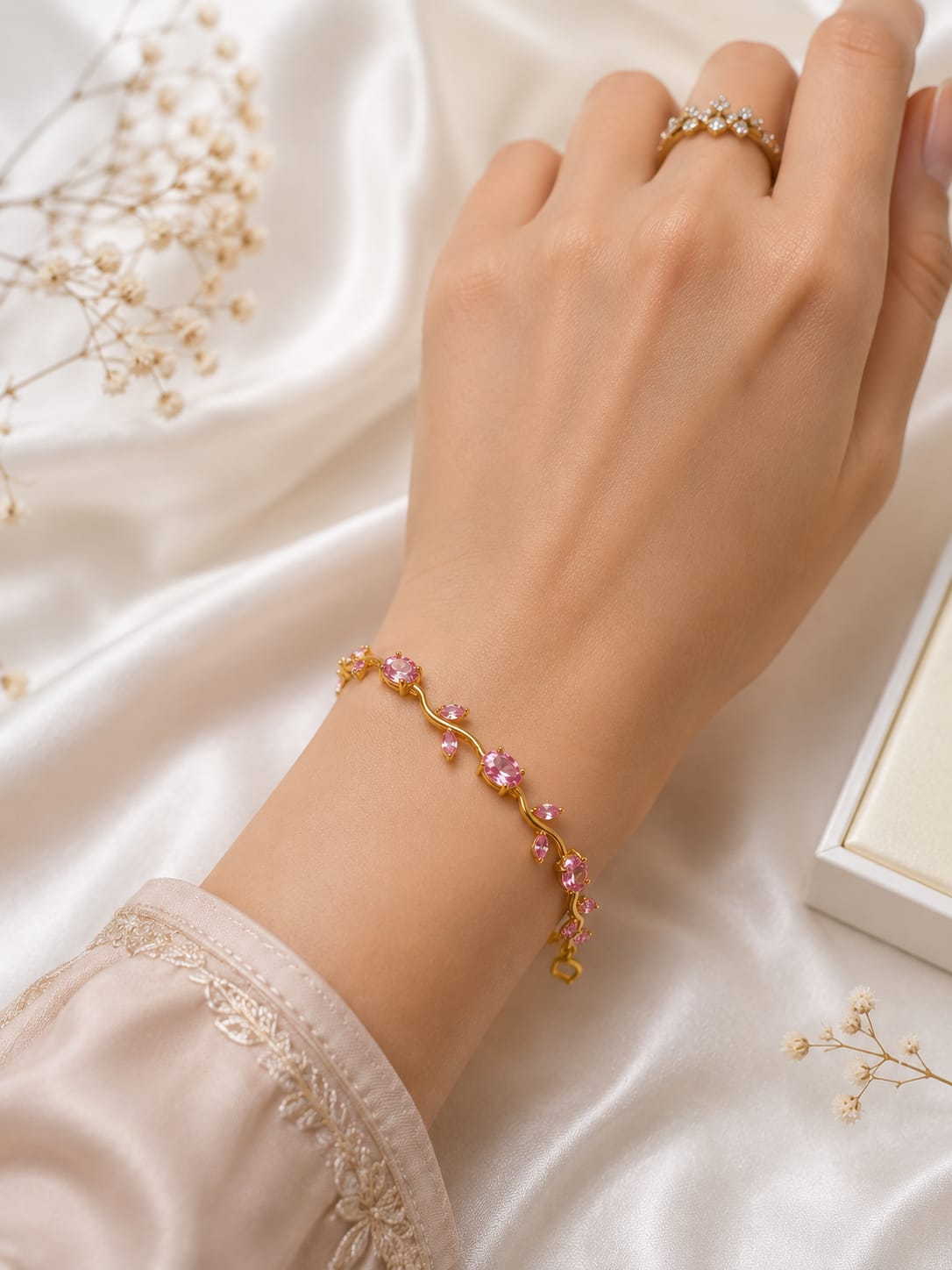 Pink Flora Luxe gold Bracelet | Oora by Zivya Celeste Anti-Tarnish Bracelet for Women & Girls | Premium Daily Wear Gold Bracelet