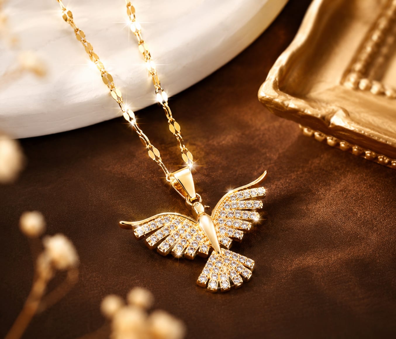 Gold Eagle Pendant Necklace for Women | CZ Diamond Bird Pendant | Anti Tarnish Gold Chain Necklace | Statement Pendant Jewellery | Oora by Zivya