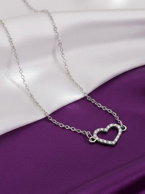 Silver Heart Pendant Necklace for Women | CZ Diamond Open Heart Necklace | Minimalist Anti Tarnish Chain | Dainty Love Necklace | Oora by Zivya