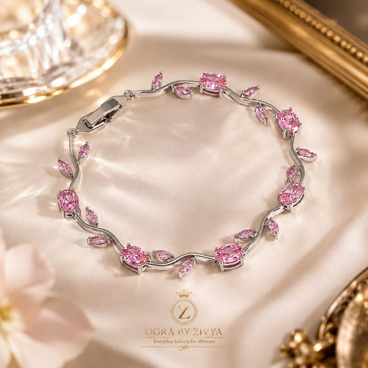Pink Flora Luxe Silver Bracelet | Oora by Zivya Celeste Anti-Tarnish Bracelet for Women & Girls | Premium Daily Wear Gold Bracelet