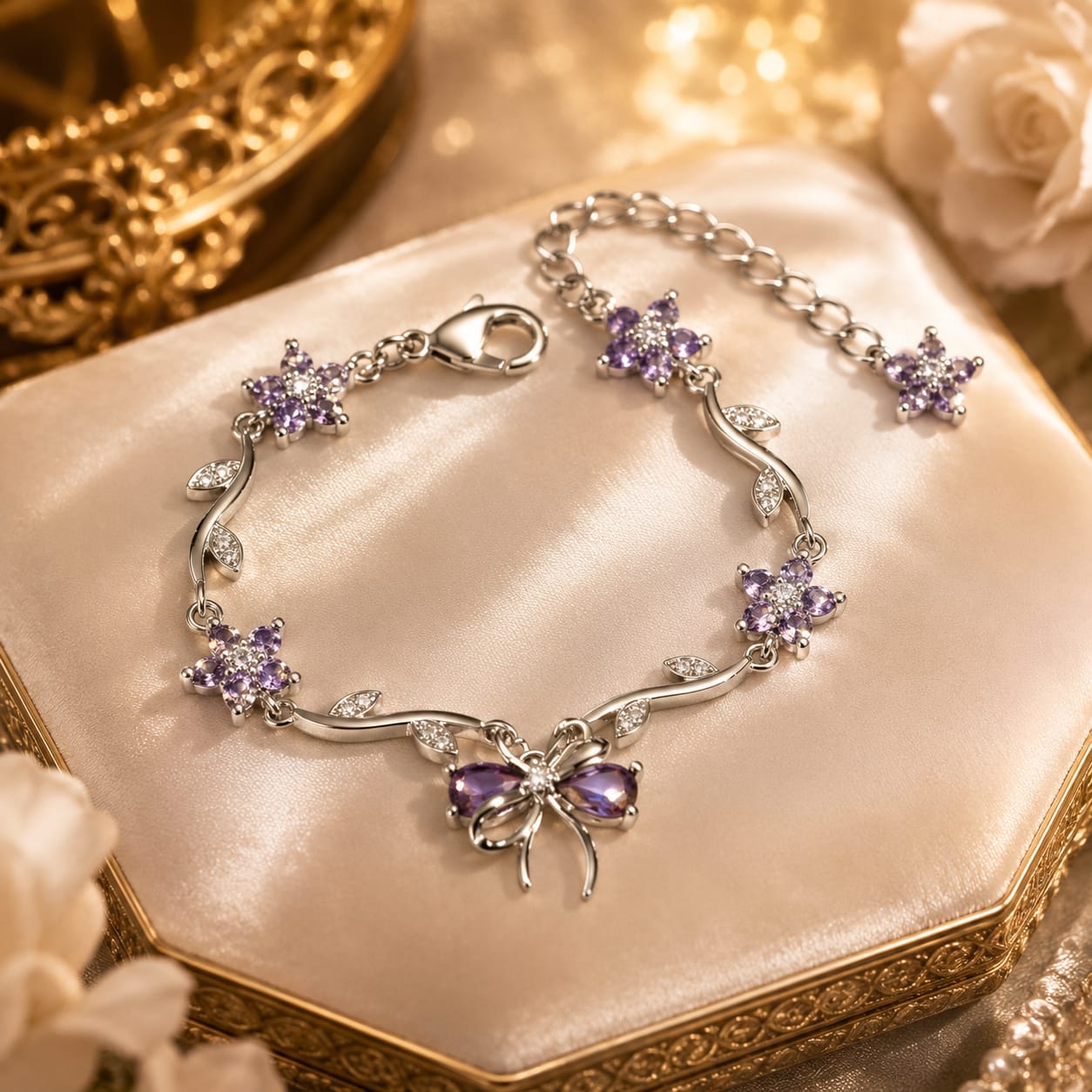 Silver Butterfly Bracelet with Purple CZ Crystal Flowers for Women | Adjustable Anti Tarnish Bracelet by Oora by Zivya