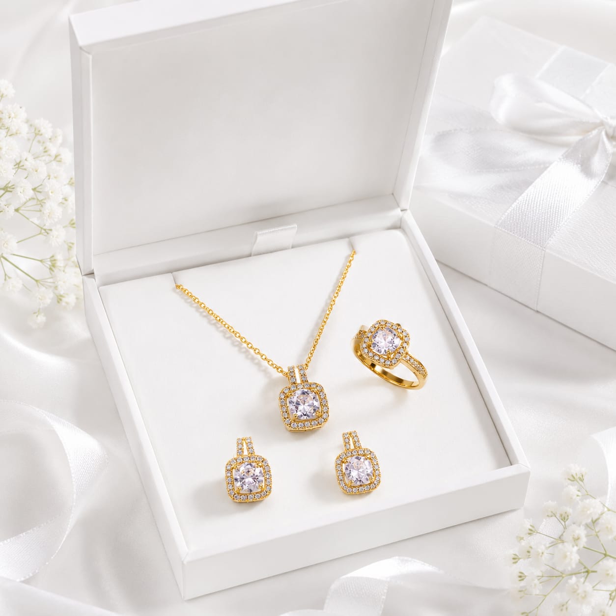 A gold jewelry set with a pendant necklace, ring, and two matching earrings displayed inside an open white gift box. The pieces feature clear gemstones surrounded by gold detailing, with white satin ribbons and small white flowers arranged around the box.