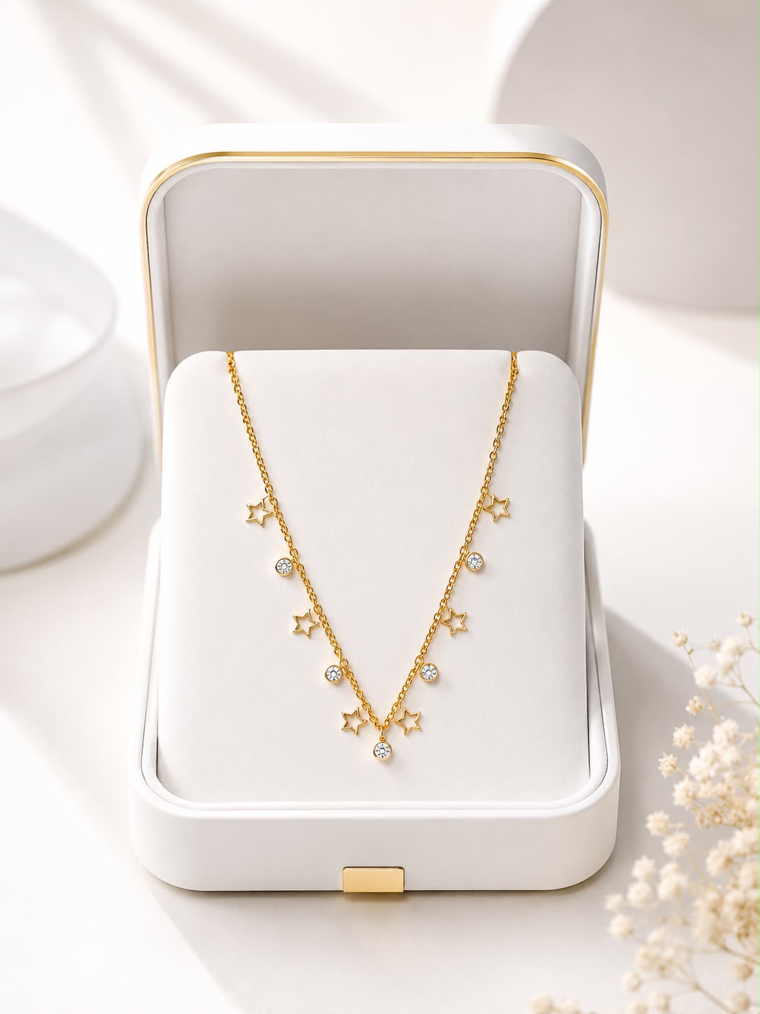 18k Gold plated Celestial Star Charm Necklace for Women | Gold Plated Crystal Station Necklace | Anti-Tarnish Stainless Steel | Minimal Layering Jewellery