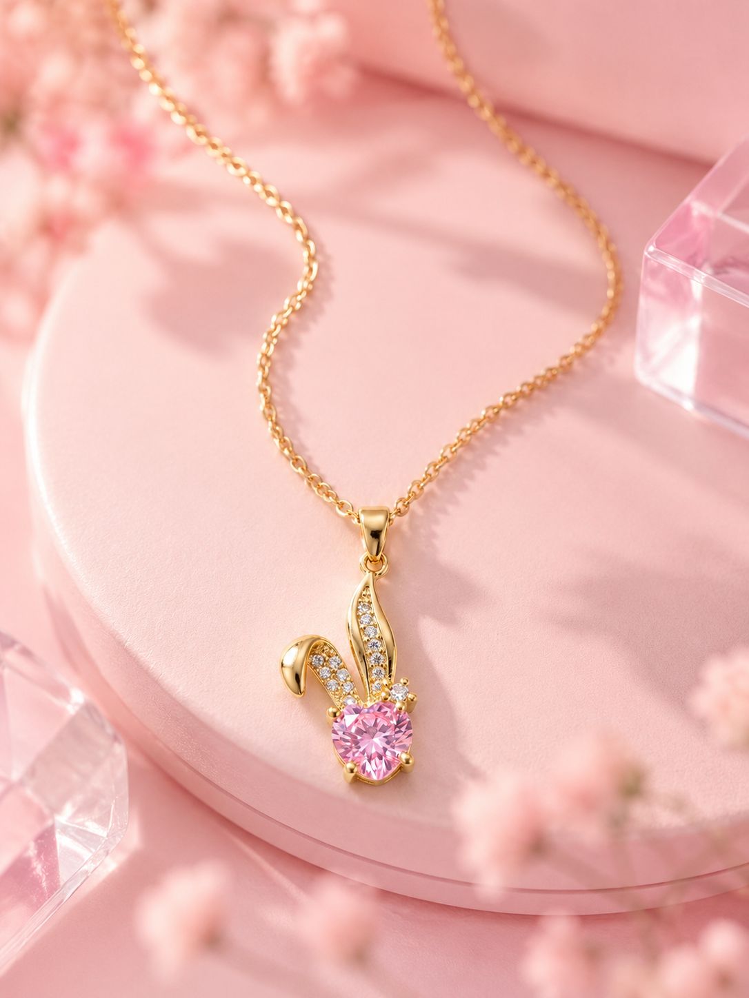 18k Gold plated Pink Heart Crystal Bunny Pendant Necklace for Women | Gold Plated Cute Rabbit Pendant | Anti-Tarnish Stainless Steel Chain | Minimal Everyday Jewellery | Gift for Girls