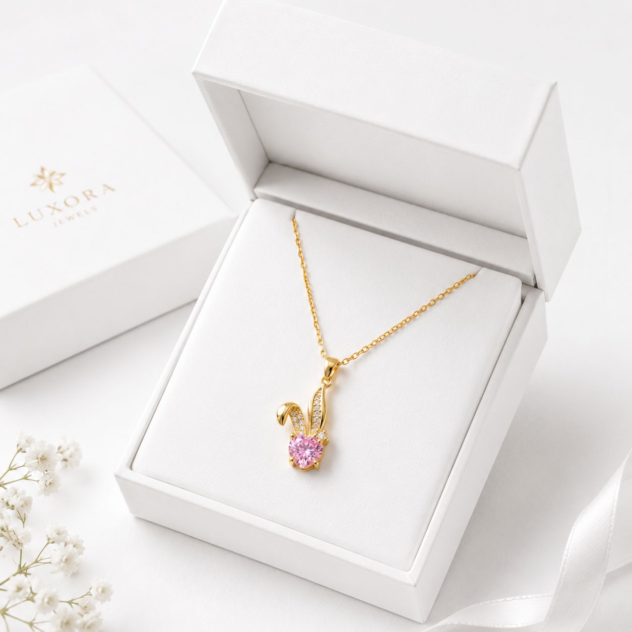 18k Gold plated Pink Heart Crystal Bunny Pendant Necklace for Women | Gold Plated Cute Rabbit Pendant | Anti-Tarnish Stainless Steel Chain | Minimal Everyday Jewellery | Gift for Girls