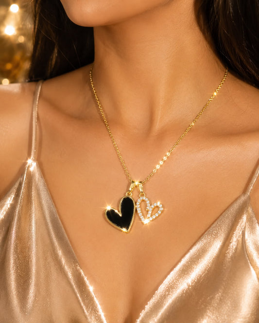 18k Gold plated Dual Heart Pendant Necklace for Women | Black Enamel & CZ Crystal Heart Necklace | Gold Plated Anti-Tarnish Stainless Steel | Romantic Minimal Jewellery