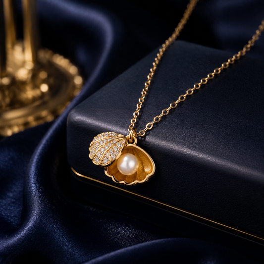 Oora by Zivya 18k Gold plated Pearl Shell Pendant Necklace for Women | Gold Plated Crystal Studded Seashell Necklace | Anti Tarnish Pendant Chain | Korean Stylish Jewelry for Girls | Birthday Anniversary Gift