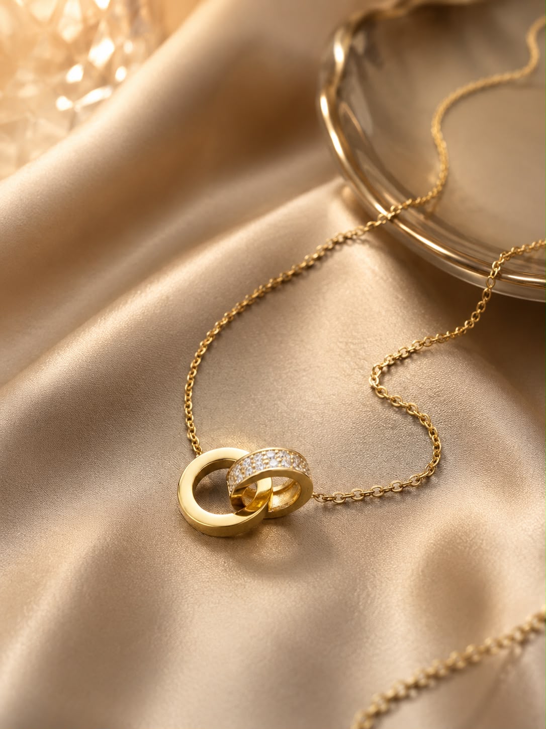 18k Gold plated Elegant Interlocking Circle Pendant Necklace for Women | Gold Plated Crystal Ring Pendant | Anti-Tarnish Stainless Steel Chain | Minimal Everyday Jewellery