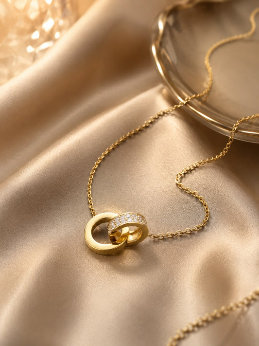 18k Gold plated Elegant Interlocking Circle Pendant Necklace for Women | Gold Plated Crystal Ring Pendant | Anti-Tarnish Stainless Steel Chain | Minimal Everyday Jewellery