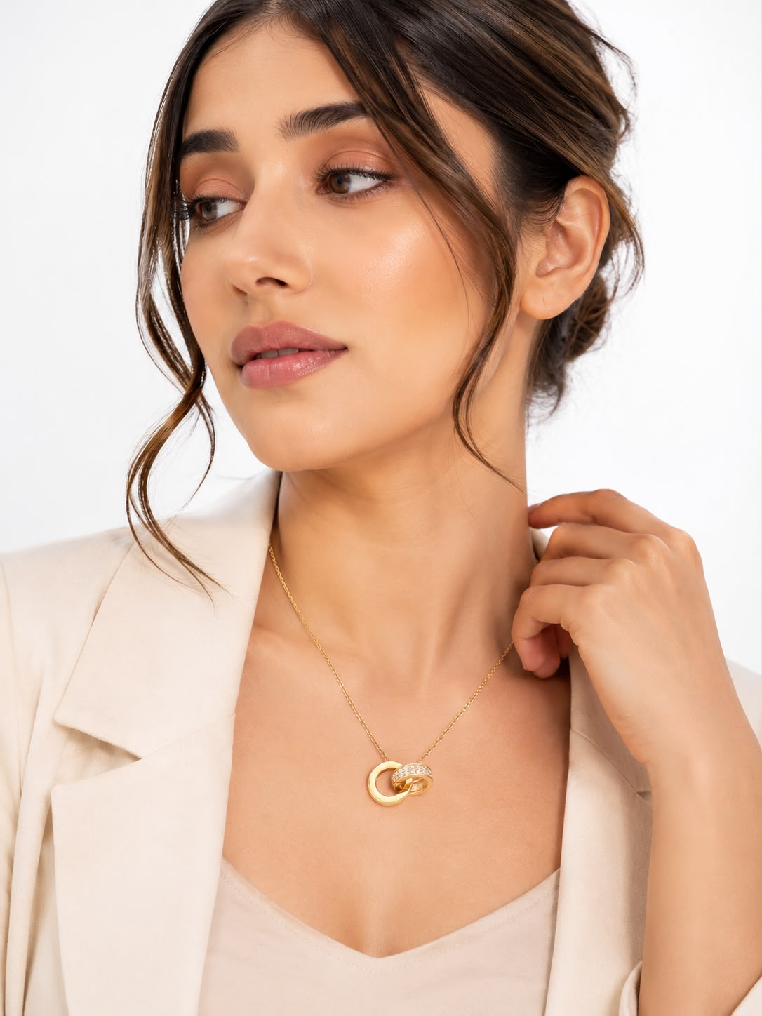 18k Gold plated Elegant Interlocking Circle Pendant Necklace for Women | Gold Plated Crystal Ring Pendant | Anti-Tarnish Stainless Steel Chain | Minimal Everyday Jewellery