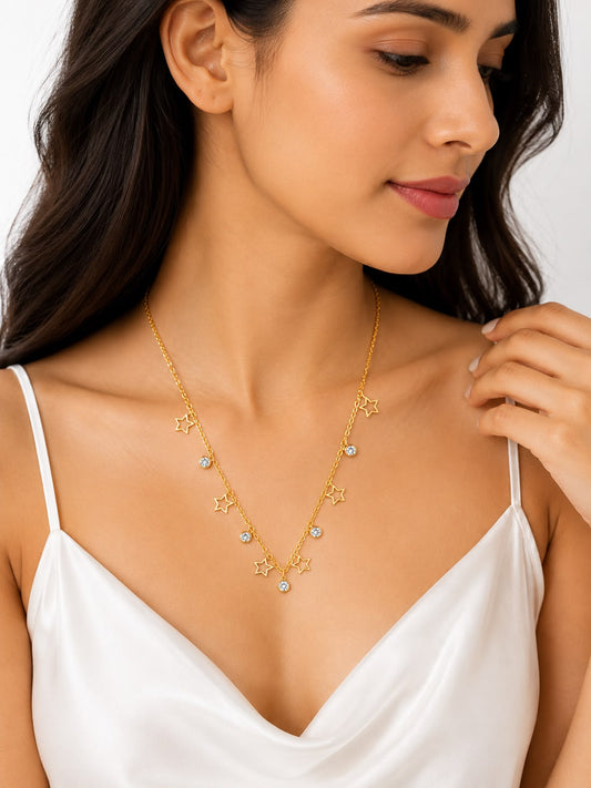18k Gold plated Celestial Star Charm Necklace for Women | Gold Plated Crystal Station Necklace | Anti-Tarnish Stainless Steel | Minimal Layering Jewellery