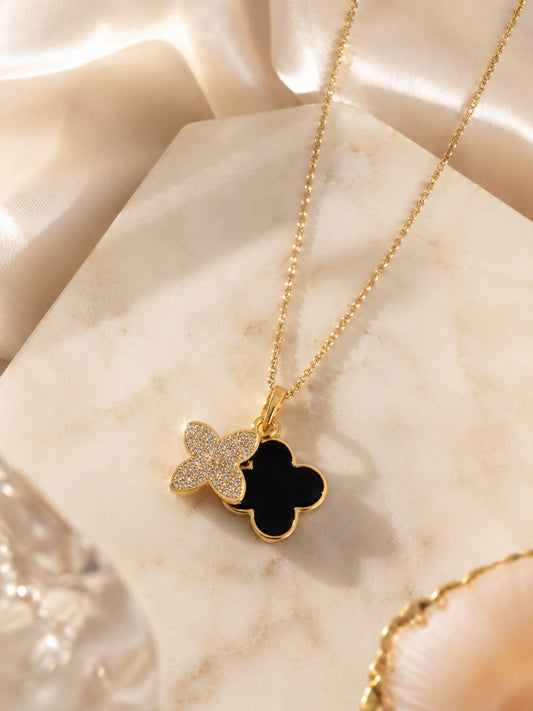 18k Gold plated Black Clover Pendant Necklace for Women | Gold Plated Dual Clover CZ Crystal Necklace | Anti-Tarnish Stainless Steel | Lucky Charm Minimal Jewellery
