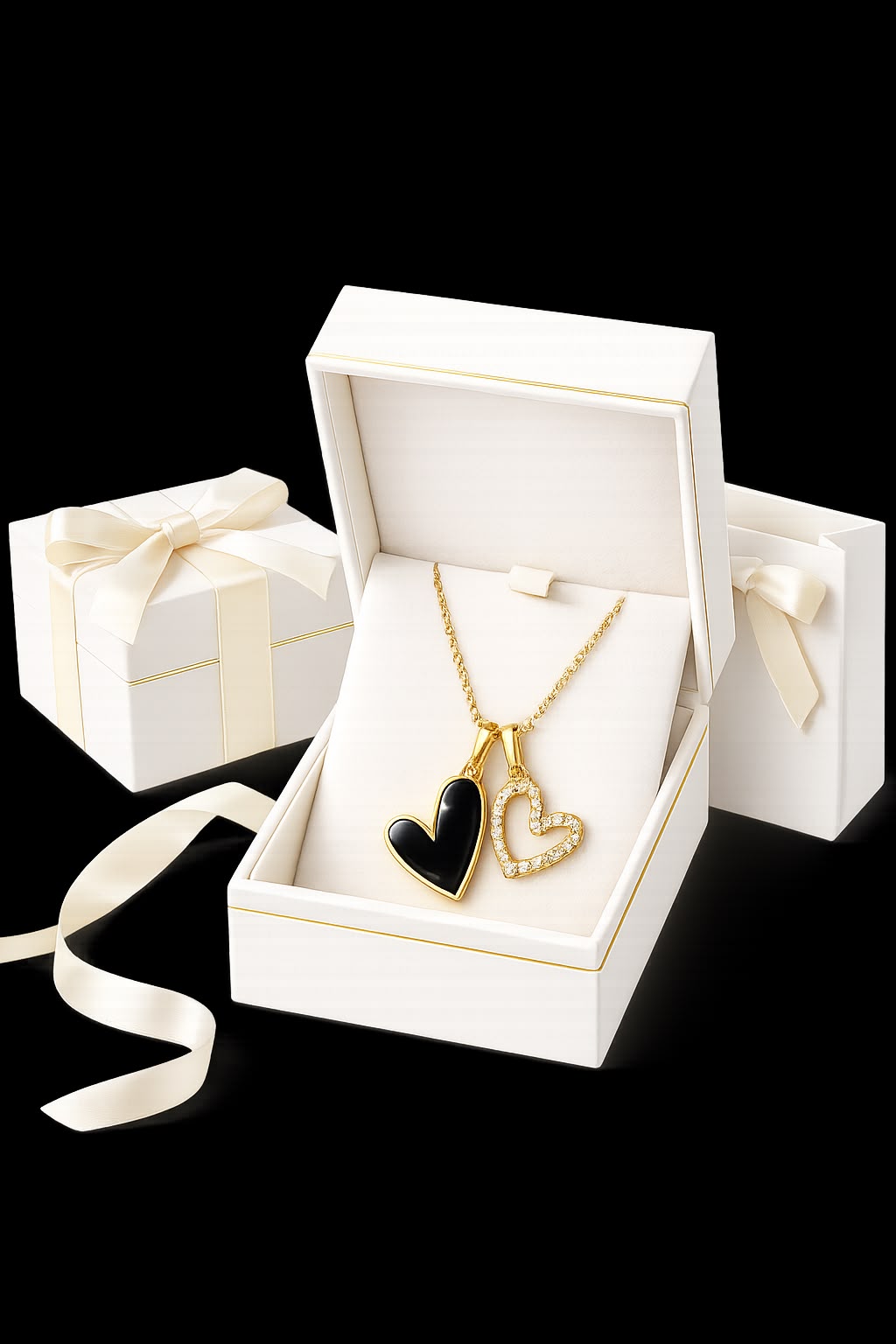 18k Gold plated Dual Heart Pendant Necklace for Women | Black Enamel & CZ Crystal Heart Necklace | Gold Plated Anti-Tarnish Stainless Steel | Romantic Minimal Jewellery