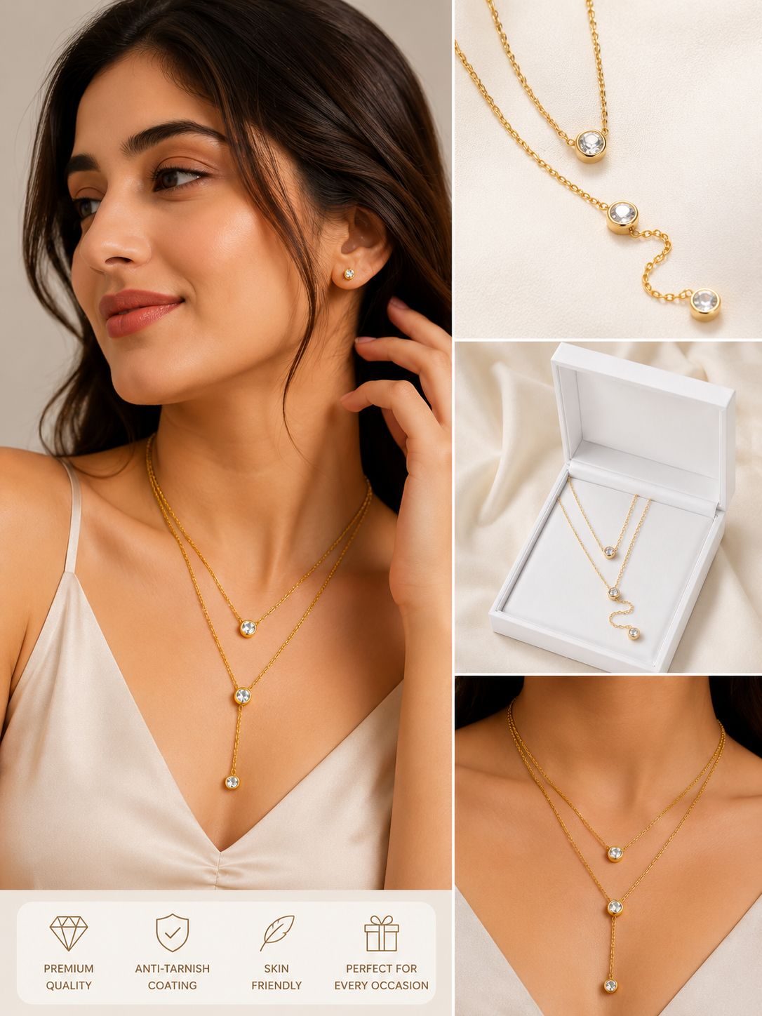 Gold Layered Crystal Drop Pendant Necklace for Women | Stainless Steel Anti-Tarnish | Double Layer Necklace | OORA by Zivya