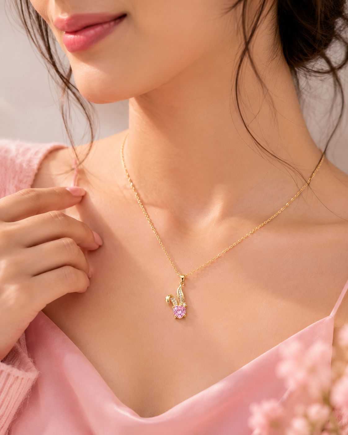 18k Gold plated Pink Heart Crystal Bunny Pendant Necklace for Women | Gold Plated Cute Rabbit Pendant | Anti-Tarnish Stainless Steel Chain | Minimal Everyday Jewellery | Gift for Girls