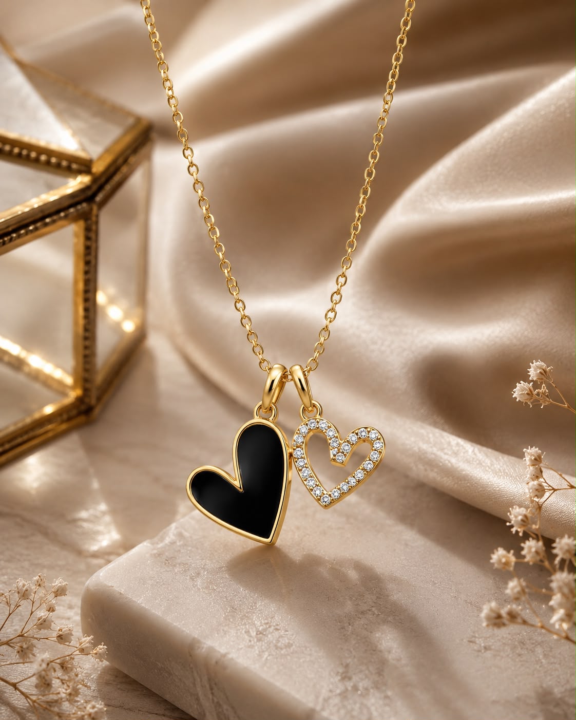 18k Gold plated Dual Heart Pendant Necklace for Women | Black Enamel & CZ Crystal Heart Necklace | Gold Plated Anti-Tarnish Stainless Steel | Romantic Minimal Jewellery